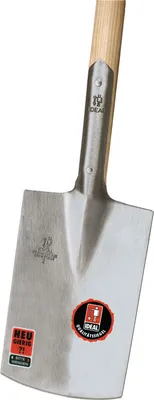 A close-up studio shot of a garden spade with a wooden handle.