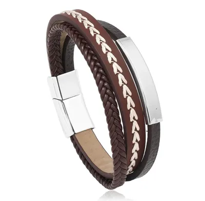 Produktbild von Armband Herren Leder Edelstahl Tracht  Braun Silber 21 Cm Lang