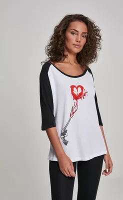 Image de T-shirt manches raglan pour femmes, modèle "Pistol Heart" de Mr. Tee, couleur blanc/noir - taille S