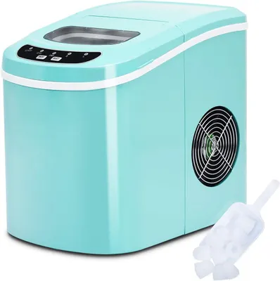 A teal ice maker with a scoop of ice in front of it, set against a white background.