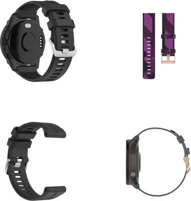 A collage of images showing a black watch strap and two purple watch straps against a white background.