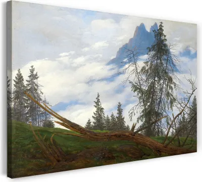 Produktbild von Leinwandbild (80x60cm): Caspar David Friedrich - Berggipfel mit ziehenden Wolken, echter Holz-Keilrahmen inkl. Aufhänger, handgefertigt in Deutschland