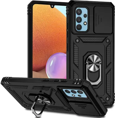 Produktbild von Galaxy A32 4G Hülle mit Schiebe Kamera Schutz und Ringhalter Ständer Robust Rüstung Schutzhülle für Samsung Galaxy A32 4G Schwarz