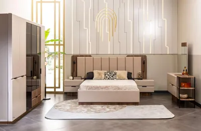 Produktbild von Doppelbett Garnitur Nachttische Beige Stoff 5tlg Schmink Schrank Bett