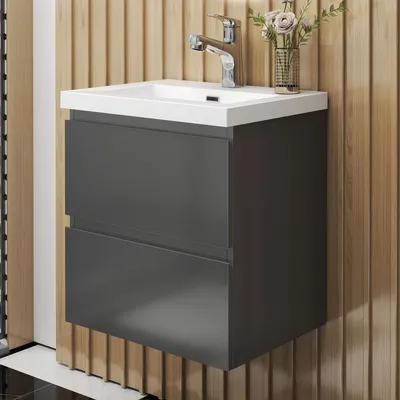 Produktbild von Badmöbel Set HUTI-Serie 50cm Rechteckiges Waschbecken mit Unterschrank Badezimmermöbel mit 2 Schubladen Hochglanz Dunkelgrau Hängeschrank