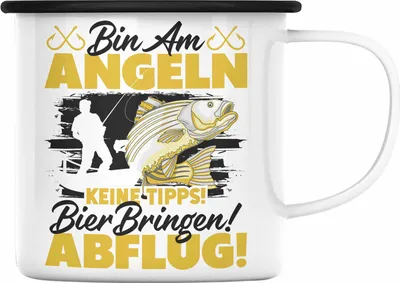 Produktbild von Trendation - Angler Emaille Tasse Geschenkidee für Fischer mit Spruch Witzig Für Männer Geschenk Becher (Schwarz)