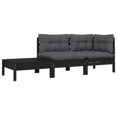 Produktbild von 3-tlg. Garten-Lounge-Set mit Kissen Schwarz Kiefer Massivholz