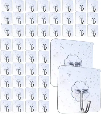 Image de 50 crochets adhésifs pour serviettes, charge max. 8 kg, transparents, pas de perçage nécessaire, crochets adhésifs pour la salle de bains et la cuisine