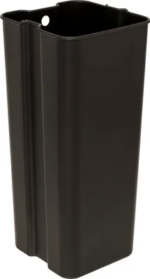 A black metal trash can with a unique shape.