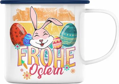 Produktbild von Trendation - Emaille Tasse Ostern Ostergeschenke Kinder Jugendliche Geschenke Lustige Grafik Osterhase Osterei Frohe Ostern Lustig (Blau)
