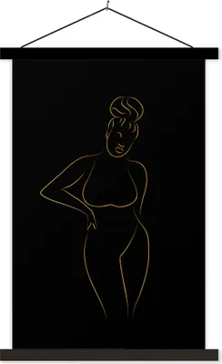 Produktbild von MuchoWow® Textilposter Frau - Schwarz - Gold - Strichzeichnung 40x60 cm mit schwarzem Rahmen - Wanddekorationen