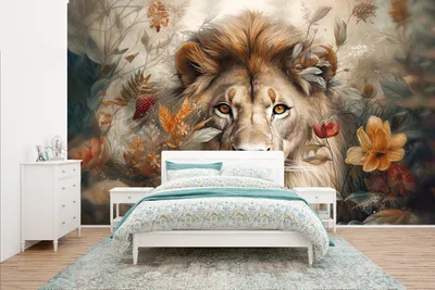 Produktbild von MuchoWow® Fototapete für Wohnzimmer oder Schlafzimmer Wandtapete Vinyl Motivtapete Löwe - Wildtiere - Pflanzen - Natur - Blumen - 400x240 cm - Gemustert