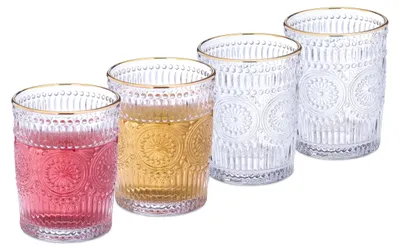 Trinkgläser Set 4er, 300 ml, Boho-Design, Goldrand, transparent