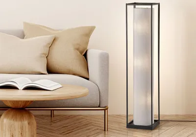 Produktbild von Kleine Stehleuchte 114,5cm Schwarz / Weiß mit Leinen Lampenschirm & LED dimmbar