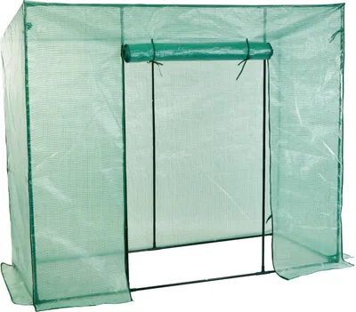 A green greenhouse with a rolled-up door.