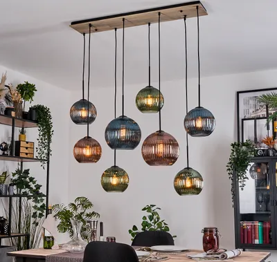 Produktbild von Cesaro Hängelampe aus Metall/Holz/Riffelglas, Schwarz/Natur/Grün/Blau/Kupfer