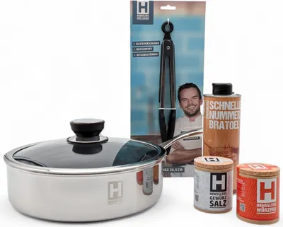 Produktbild von Hensslers Kochbox "HENSSLERS Kochbox Special 5-teilig Schmorpfanne mit Deckel 26cm Zange Gewürze"