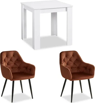 Image de Table 80x80 cm avec 2 Chaises Velours Marron Group Salle à Manger Table à Manger en Bois Blanc