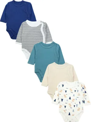 Produktbild von TupTam Baby Body Langarm – Wickelbody Langarm für Jungen & Mädchen, 5er Pack, 100% Baumwolle, , Farbe: Blau_Beige_Bears_Streifen, Größe: 68