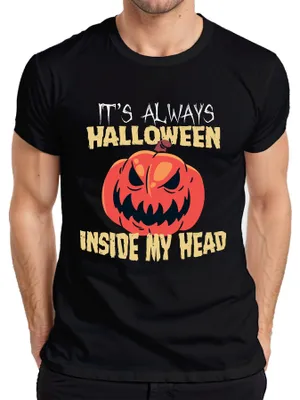 Imagen del producto de Camiseta negra para hombre, talla XXL, con el diseño "Siempre es Halloween en mi cabeza", con motivos de calabazas, terror y fantasmas