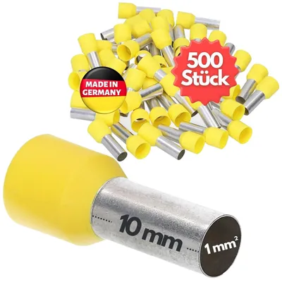 Image de 500 pièces de manchons de sertissage isolés Kalitec AE110GE, section 1,0 mm², longueur 10 mm, couleur jaune. Fabriqué en Allemagne. Qualité industrielle
