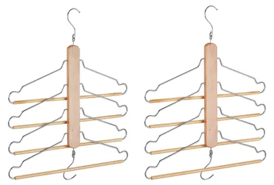Zdjęcie produktu dla Relaxdays – wieszaki wielofunkcyjne, zestaw 2 szt., zajmujące mało miejsca, 4 wieszaki z poprzeczką na spodnie, drewno, metal, wieszaki wielofunkcyjne, kolor naturalny/srebrny