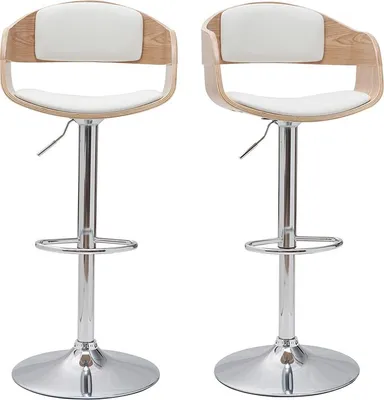 Produktbild von Miliboo - Design-Barhocker höhenverstellbar aus weißem Polyurethan und hellem Holz (2er-Set) EUSTACHE