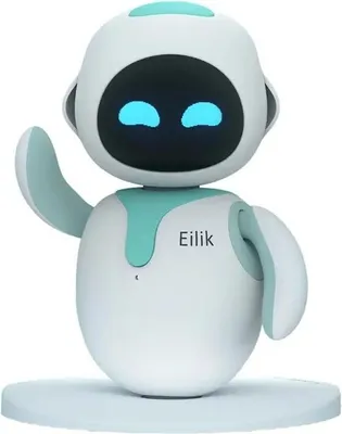 A small, white robot with blue eyes and teal accents is shown from the front, waving its left arm.