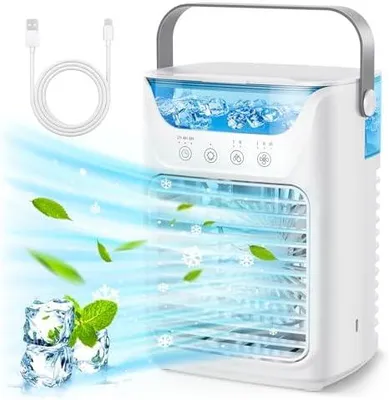 Produktbild von Greensen Klimagerät 4-in-1 | Tragbarer USB-Tischventilator mit Luftbefeuchter & 7-Farben-Nachtlicht | 700 ml Wassertank für Büro und Zuhause