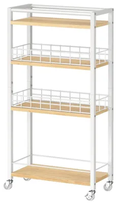 Obrázek produktu pro Mobilní vozík se 4 policemi, úzký, vhodný do kuchyně a koupelny, bílá a přírodní barva, rozměry 44 x 18 x 84 cm