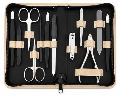 Produktbild von Maniküre Pediküre Set 12-teilig – Nagelpflege Set mit 5 Solingen Qualitätsinstrumenten, Echtleder Etui, gehärteter Stahl –  Germany Beige