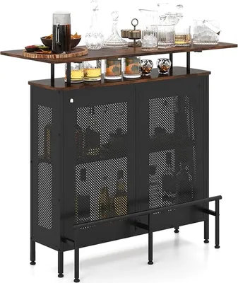 Produktbild von Bartisch Küche, Hausbar Theke Bar mit Stauraum, Küchentheke mit Fußstütze, Tresentisch Vintage Metallrahmen, mit verstellbaren Füße (Rustikal Braun)