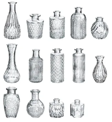 Glasvasen-Set, 14-teilig, Vintage-Design, klar, verschiedene Größen