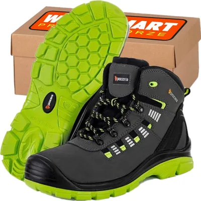 A pair of work boots and their box are displayed.