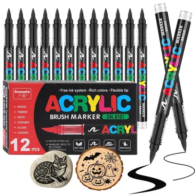 Obrázek produktu pro Akrylové fixy, černá barva, 12 kusů, s štětcovou špičkou, tekutá barva, vhodné pro keramiku, dřevo a sklo
