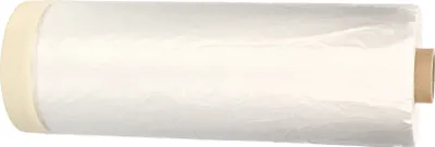 A roll of painter's plastic with masking tape attached to one end, lying horizontally.