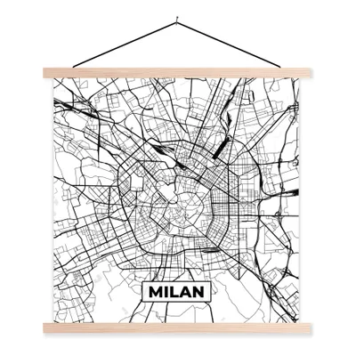 Produktbild von MuchoWow® Textilposter Karte - Mailand - Stadtplan - Schwarz und weiß - Karte 120x120 cm mit holzfarbenen Rahmen - Textil-Poster