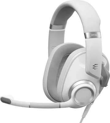 A white and gray gaming headset with a microphone is shown against a white background.