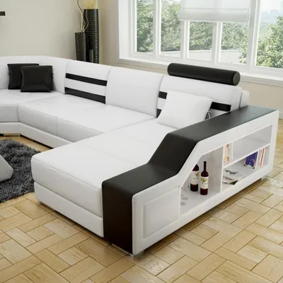 Produktbild von Ecksofa Wohnlandschaft U Form Sofa - Ledersofa Garnitur mit Regal Leder Couchen