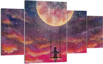 Produktbild von Bild auf Leinwand - Leinwandbild - 4 Teile - Mond Schaukel Frau - 160x90cm - Wand Bild - Wanddeko - Wandbilder - Leinwanddruck - Bilder - Wanddekoration - Leinwand bilder - Wandbild - DL160x90-5095