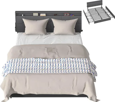 Obrázek produktu pro LZQ čalouněná postel 140x200 cm se 4 zásuvkami,  manželská postel s úložným prostorem a čalouněným čelem, rám postele stabilní do 350 kg, včetně roštu, bez matrace, tmavě šedá