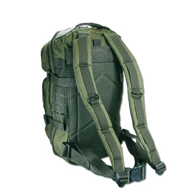 A rear view of a green tactical backpack against a white background.