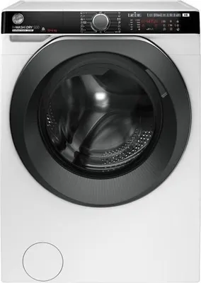 A front view of a white washing machine with a black door and control panel.