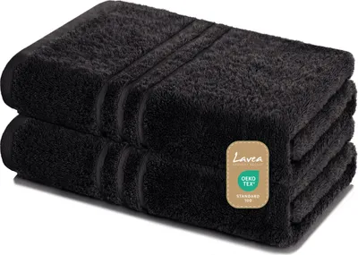 Produktbild von Lavea® 2er Set Saunatuch 80x200 cm, XXL Badetuch, 100% Baumwolle Frottier, saugstark, pflegeleicht 60°C, Elena, Schwarz
