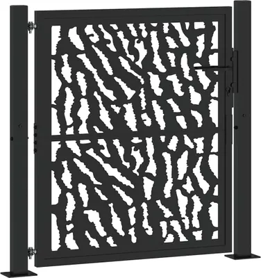 A black metal garden gate with a decorative cutout pattern, shown in front of a white background.