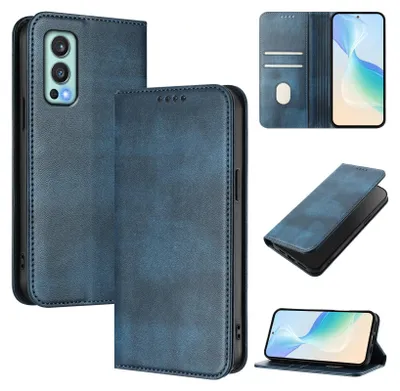 A collage of images showing a blue leather flip phone case for a OnePlus Nord 2 5G.