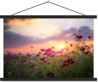 Produktbild von MuchoWow® Textilposter Blumen - Rosa - Sonnenuntergang - Natur - Wiese - Horizont 120x80 cm mit schwarzem Rahmen - Wanddeko