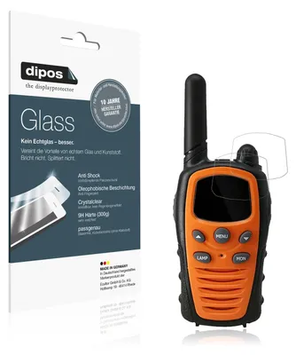 A product package for screen protectors and a walkie-talkie with a screen protector applied.