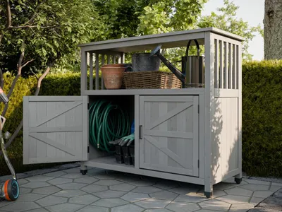 Produktbild von Outgarden Weiß 120x40x180cm Gartengeräteschrank, Jason Gartenschrank aus Asiatischem Nadelholz, Für Innen und Außen, Wetterfester Aufbewahrungsschrank