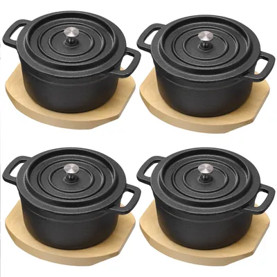 Produktbild von Navaris 4er Set Kasserole aus Gusseisen mit Deckel und Holzboden, beschichtet, schwarz – Für Ofen, Grill & Induktion